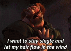 A GIF of Fergus, Merida's father from Brave, clutching his hands together and pretending to be Merida as he says in subtitles, "I want to stay single and let my hair flow in the wind".